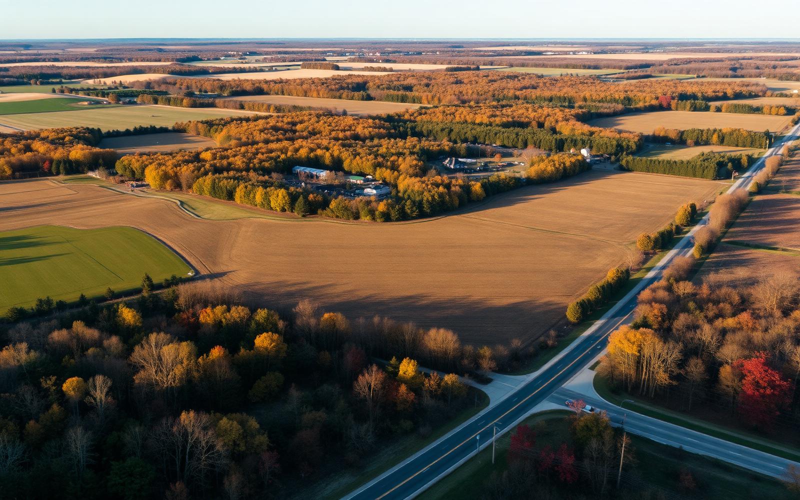 Aerial view of rural Holton, Michigan with farmland and forest in autumn